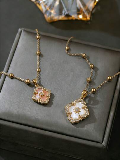粉色珍珠母贝四叶草项链，女士款 – 精致金色珍珠四叶草吊坠，镶嵌立方氧化锆