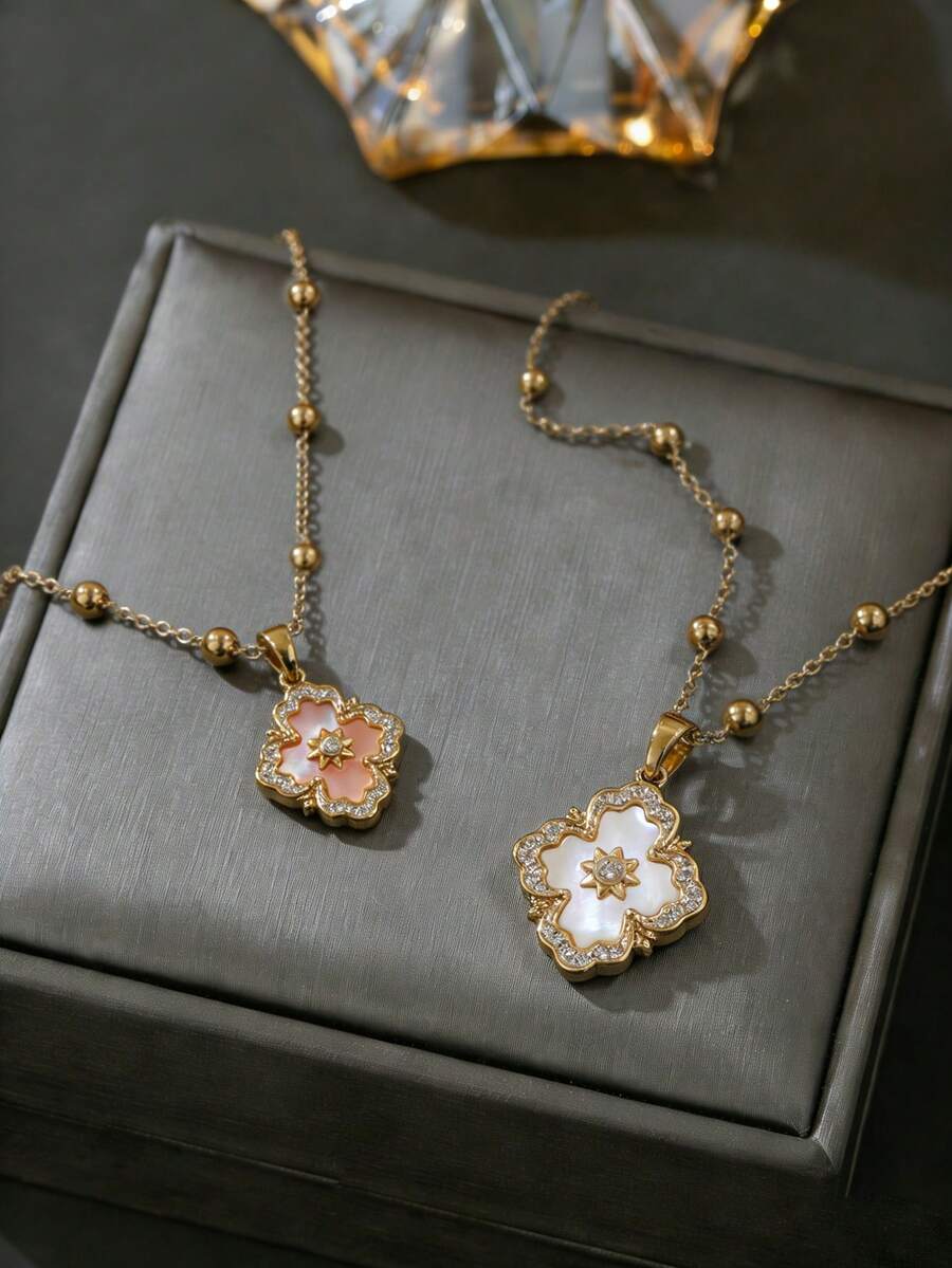 粉色珍珠母贝四叶草项链，女士款 – 精致金色珍珠四叶草吊坠，镶嵌立方氧化锆 - 粉紅宮廷風吊墜項鍊 - 查看 1