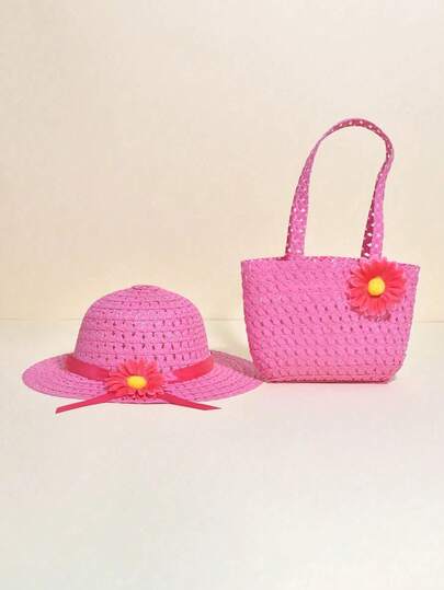 2件套儿童草帽和斜挎包，印花透气轻便草帽，适合户外活动、度假、夏季海滩派对