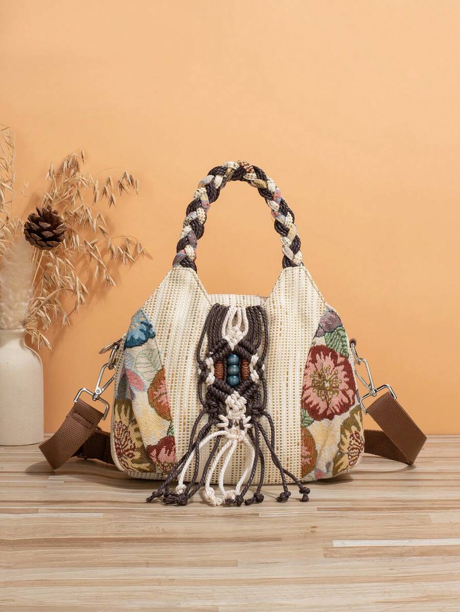 1pc (Random Cut) Bohemian Handmade Woven Owl Tote Shoulder Bag, Multi-Functional Multi-Compartment Handbag & Crossbody 2-In-1, Crochet Bags - Mustard Yellow - View 1
