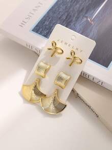 2-10pcs Fashionable Bowknot & Wing Geometric Metallic Earring Set, Women Elegant Earrings Suit For Daily Wear - Gold - View 3