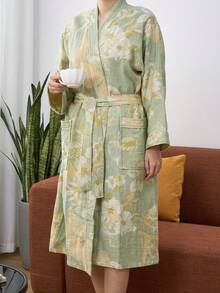 Women Solid Color Soft Bathrobe With Belt & Pockets, Long Sleeve Comfortable Loungewear Sleepwear Casual Soft Home Wear  Belted    Embroidery    Long Sleeve    Long    Bathrobe   Sleepwear  Loungewear  Nightgown - 淡紫色 - 查看 7