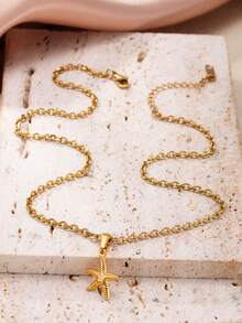 1pc Ocean Style Starfish Shell Seahorse Fish Pendant Necklace, Stainless Steel Necklace For Women, Bohemian Layered Necklace, 45cm - Yellow Gold - View 12