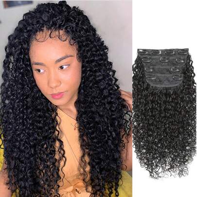 Tóc nối xoăn bồng bềnh kiểu pixie Miến Điện, dệt đôi, 4 miếng/bộ, kẹp cài, tóc giả xoăn sóng, tóc thật nguyên chất, màu đen tự nhiên dành cho nữ.