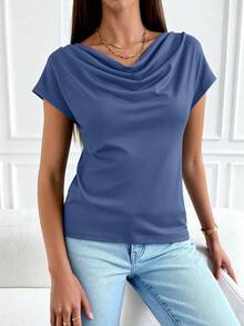 PRETTYGARDEN Women's Summer Clothes Tops Dressy Casual Clothing Cowl Neck Short Sleeve Blouses Business Work Office Shirts  Tops For Women - 深藍色 - 查看 4