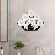 Charming Cat-Themed Toilet Paper Holder - Decorative Black Metal With Floral Accents, Wall-Mounted Or Freestanding For Bathroom, Holds 8 Rolls - A - View 6