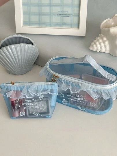1件/套 ins风蕾丝荷叶边海洋元素刺绣网纱化妆包口红包护肤包洗漱包洗脸袋女士手提包化妆品收纳包珠宝收纳包便携旅行化妆包化妆包套装化妆包化妆包拉链多功能收纳包，可收纳口红、化妆刷、护肤品、发夹、硬币、钥匙等，邮轮必备宿舍必备，婚礼伴娘礼物，妈妈礼物，生日礼物，情人节礼物化妆品收纳包化妆品收纳袋化妆包洗漱旅行包度假必备旅行礼物女士