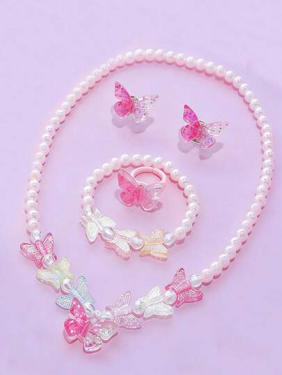 5pcs Girls Lovely Butterfly Pendant Necklace, Bracelet, Ring And Earrings Jewelry Set, Suitable For Girls Daily Wear And Gift