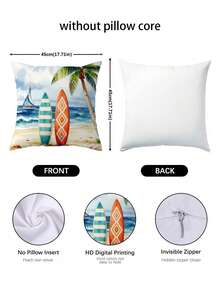 四件套沙滩主题抱枕套，采用平面2D印花设计。非常适合夏季装饰，展现了海滨度假风情，包括遮阳伞下的沙滩椅、棕榈树、冲浪板和饰有雏菊的人字拖。 - 淺藍色 - 查看 5