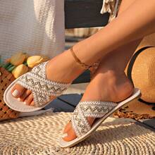 少女时尚简约新款平底透明沙滩凉鞋，软底轻便百搭夏季拖鞋 - 米色 - 查看 3