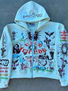 American Street Vintage Street Teen Cartoon Pattern Street Hip Hoodie - 白色 - 查看 2