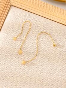 18K Gold Plated 1pair Women's Stainless Steel Long Chain Drop Earrings, Minimalist Dual Ball Dangle Design For Gift & Daily Wear - Yellow Gold - View 4