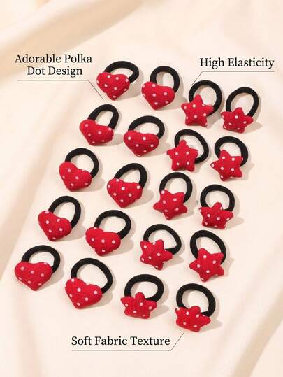 10 piezas/paquete Diseño de lunares rojos lindos Scrunchies para el cabello para niñas, adorables, cálidos, exquisitos, incluyen formas de corazón y estrella