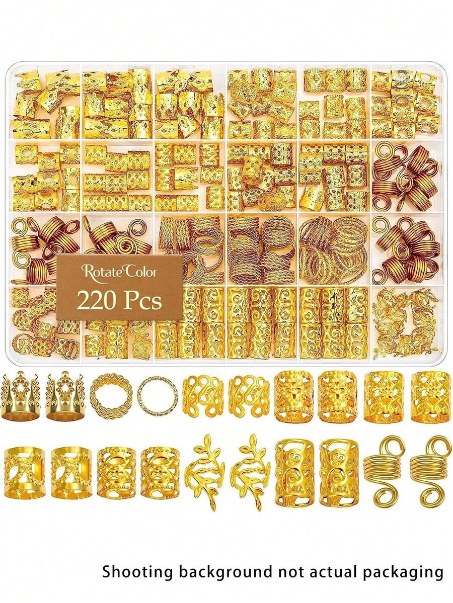 220件套多造型发圈套装 - 多功能可调节合金发箍，波西米亚风发饰，适合女孩脏辫和编发 - 金色 - 查看 1