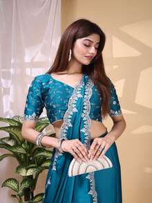 Estationeryhouse Satin Saree With Silver Embroidery With Heavy Embroidered Unstitched Blouse - Green - View 6