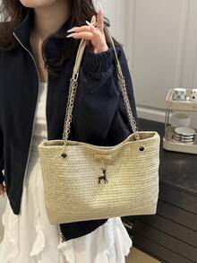 2024新款大容量沙滩包，女士时尚通勤复古链条单肩手提包，印花编织设计 - 卡其色 - 查看 3