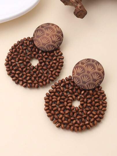 1 par de pendientes redondos grandes con borlas de cuentas de madera bohemias originales, personalizados, de estilo naturalista, adecuados para viajes, vacaciones, fiestas, tardes de té, festivales de música y uso diario