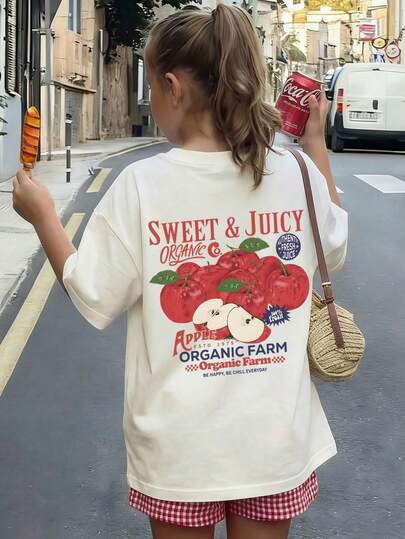 Tween Girls' 1-Piece Cherry Print Short Sleeve T-Shirt, Student Youth Clothing, Summer Top For Tween Girl