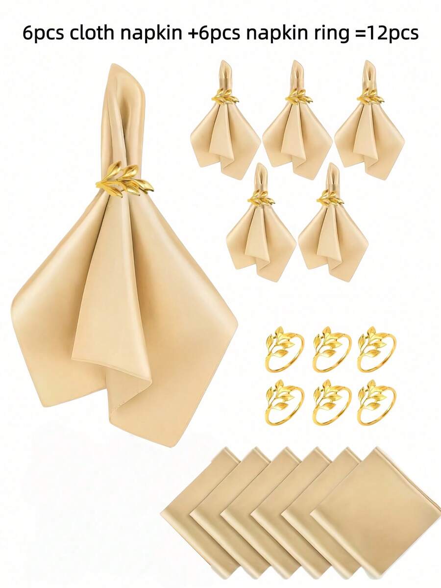 12pcs Satin Napkins & Napkin Rings Set - Suitable For Wedding Party Celebrations And Holiday Dinners, Smooth Fabric Napkins With Metal Napkin Rings