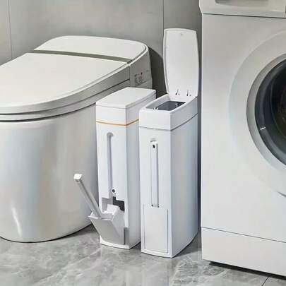 纤薄转角浴室垃圾桶带马桶刷，节省空间的紧凑型塑料垃圾桶，浴室垃圾桶，多功能浴室配件