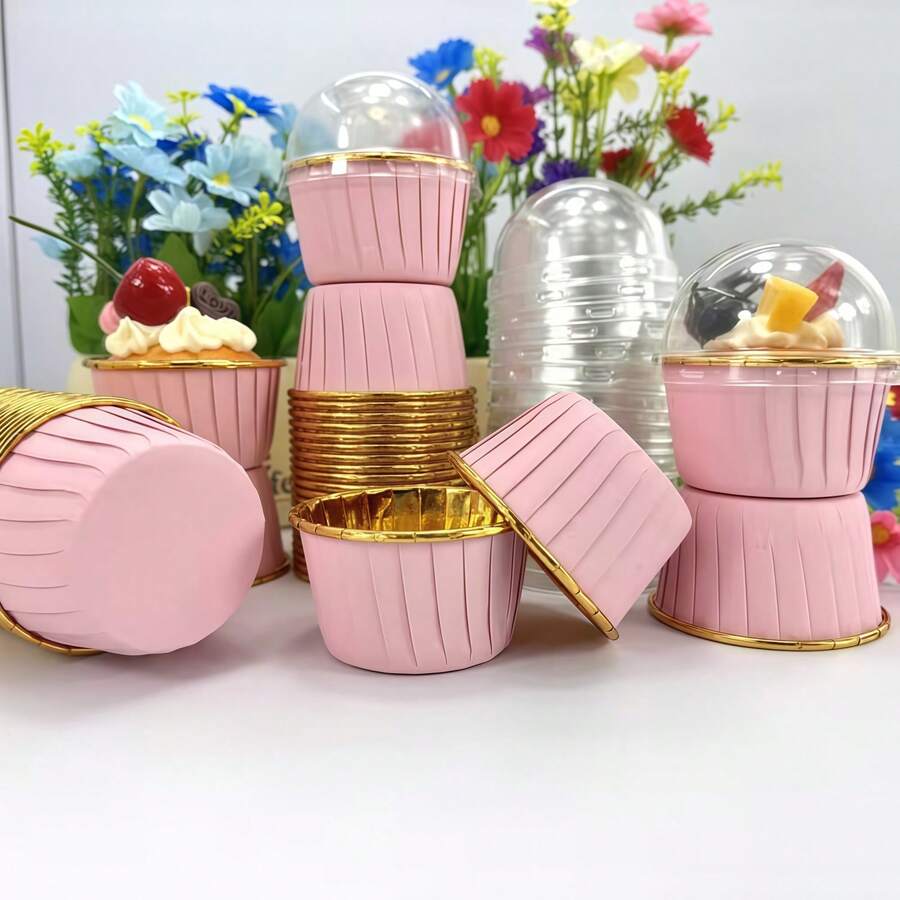 Bộ 10/50/100 cốc bánh/tráng miệng màu hồng và vàng (có nắp đậy tùy chọn), giấy lót bánh chịu nhiệt, mịn, cốc muffin, dụng cụ làm bánh, giấy gói cupcake, khay bánh, thích hợp cho đám cưới, lễ Phục sinh, Ngày của Mẹ, lễ tốt nghiệp, tiệc sinh nhật, v.v.