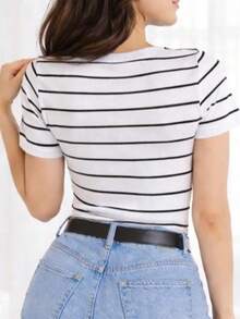 Women's Basic Ribbed Cotton Striped Blouse - White - View 3