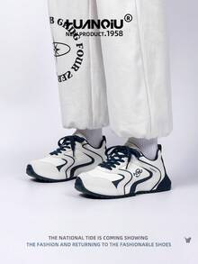 HUANQIU 2026新款男鞋，男士运动鞋，厚底休闲鞋，时尚多功能轻便舒适系带厚底运动鞋，软底休闲鞋，跑步鞋，米色和蓝色四季鞋 - 藍白色 - 查看 7