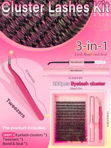 Bộ 280 cụm mi giả D Curl kèm nhíp, keo dán - Mềm mại, thoải mái, tự nhiên và nhẹ, bộ 3 trong 1 gồm các cụm mi giả (40D) - Hồng - Xem 3