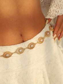1pc Fashionable Versatile High-End Pearl Waist Chain, Vintage Hollow Design Belt, Suitable For Various Occasions Wear, Beach, Party, Daily, Perfect Holiday Gift - Gold - View 2