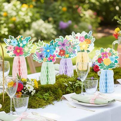 1件/5件装花卉主题生日派对装饰，以野花为灵感，饰有蜂窝状中心装饰，春季野花派对装饰，野花蜂窝状桌面装饰，野花主题春季花卉派对装饰，非常适合春季主题庆祝活动，例如婚礼、婴儿派对和母亲节。