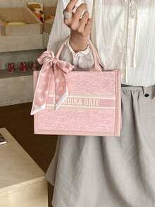 1个（11英寸*7.9英寸*3.9英寸）时尚女士手提包，大容量，方形，轻便，饰有优雅丝巾，采用耐刮擦耐磨材质，适合购物、约会、聚会、通勤，字母图案，优雅简约休闲灰粉色女士托特包 - 粉色 - 查看 4