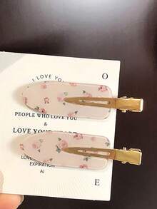 4入組粉色花卉防皺髮夾，可愛水墨花紋不彎曲髮夾，復古髮飾，適合女性日常配戴 - 查看 5