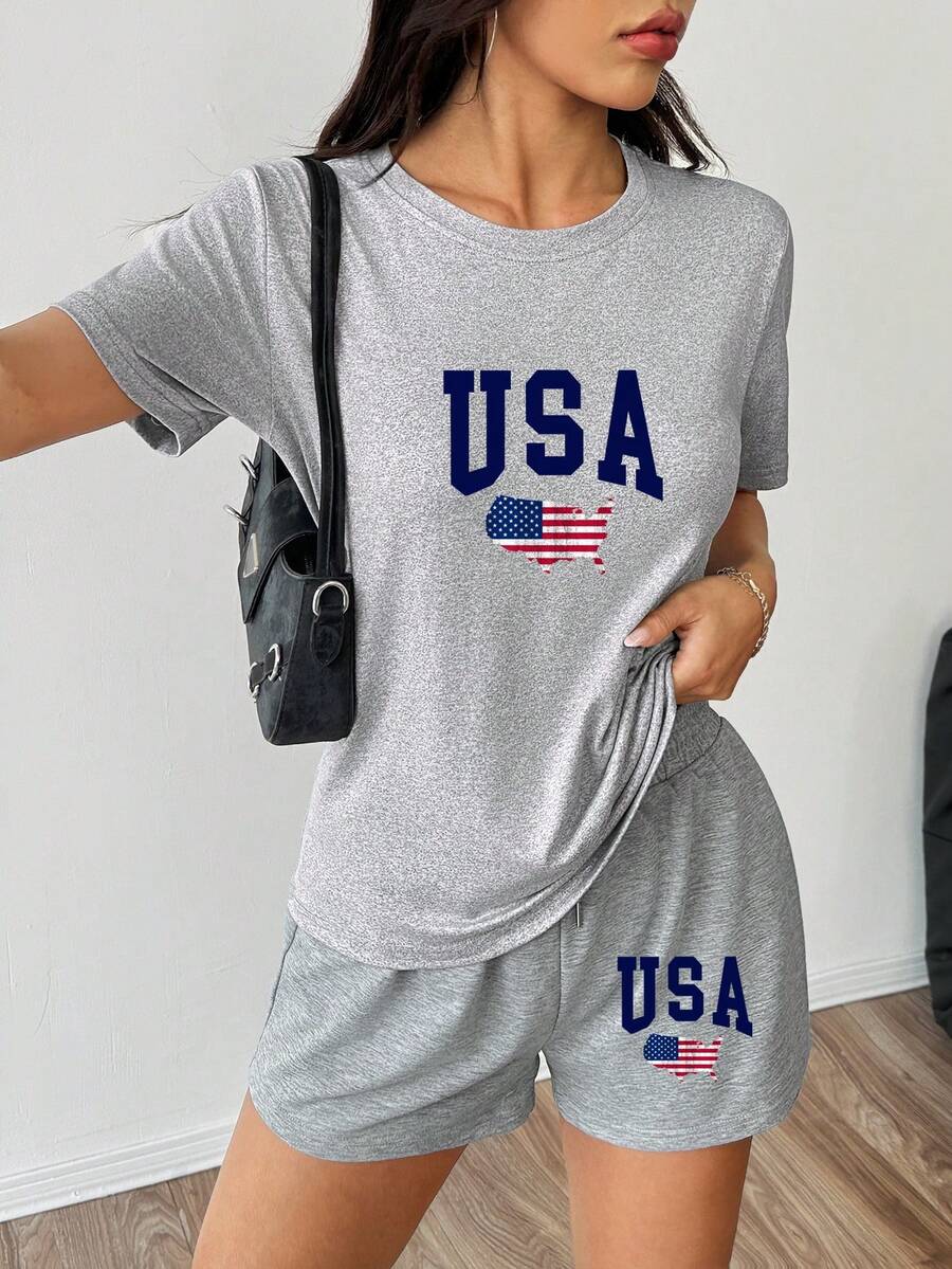 美国国旗美国地图印花睡衣套装 女式休闲两件套 短袖家居服睡衣套装 - 淺灰色 - 查看 1