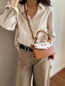 新款清新樱桃时尚别致甜美拼接法式奢华单肩斜挎包 - 棕色 - 查看 4