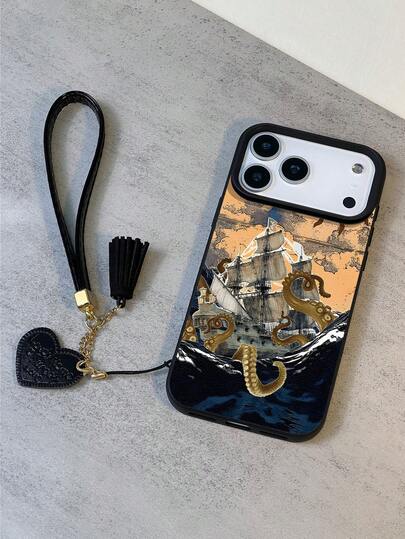 1pc Fashionable Vintage Octopus & Sailboat Pattern Textured Anti-Drop Soft Phone Case + Heart-Shaped Lanyard, Compatible With Apple, Phones