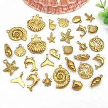 2件套不锈钢海洋动物吊坠，金色海洋海星贝壳海豚海龟吊坠，夏季海滩金属吊坠，夏威夷珠宝制作配件 - 金色 - 查看 4