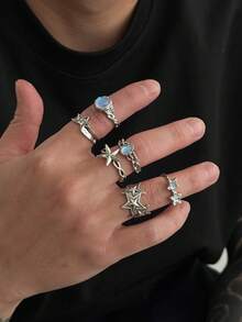 Bộ 6 chiếc nhẫn hình ngôi sao năm cánh rỗng, đính đá acrylic, phong cách rockstar punk thanh lịch, giản dị tối giản, đường phố, thích hợp cho đám cưới, tiệc tùng, quà tặng thời trang đôi cho nam giới. - nhẫn - Xem 1