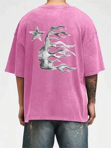 Men's Printed Pattern Washed T-Shirt - Casual Loose Summer T-Shirt With Star And Flame Design, Adult Brown 100% Pure Cotton Round Neck Shirt, Breathable T-Shirt |   Avant-Garde Casual Wear |   100% Pure Cotton Printed T-Shirt - 玫紅色 - 查看 3