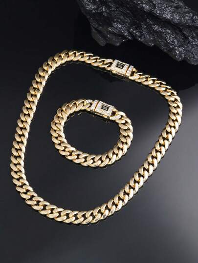 CVNANA Bộ 2 món dây chuyền và vòng tay mạ vàng 14K, dây chuyền kiểu Cuban bóng loáng, bộ trang sức choker phong cách Punk Hip Hop unisex, quà tặng cho nam giới, trang sức thời trang, món quà hoàn hảo cho sinh nhật, Ngày Valentine, Ngày của Cha.