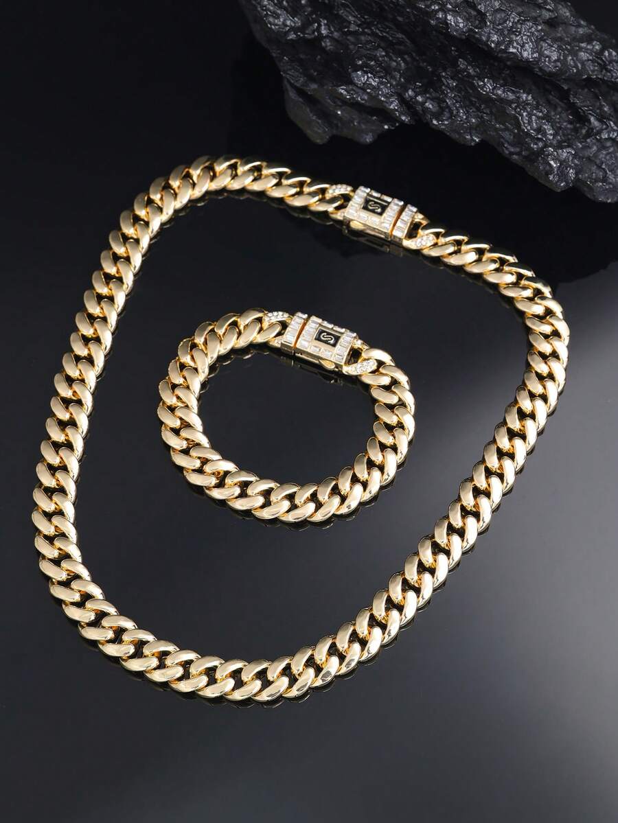 CVNANA 2pcs 14K Golden Plated Necklace With Bracelet Set,Polished Finish Cuban Chain Necklace, Punk Style Unisex Hip Hop Choker Jewelry Set,Men's Gifts,Men's Jewelry,Fashion Jewelry Perfect Gift For Birthday, Valentine's Day,Father's Day - A - View 1