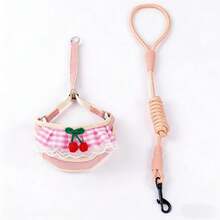 可爱樱桃格子宠物胸背带牵引绳套装，蕾丝边防拉扯狗狗背心带牵引绳，适合小型犬猫，博美犬遛狗用品 - 粉色 - 查看 14