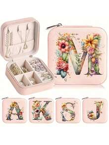 1pc Pink Rose Jewelry Box, Fashion Travel Jewelry Box, Rose Gold Letter, Personalized Gift Travel Jewelry Box, Birthday Gift, Christmas Gift, Gift For Girls - Pink - View 1