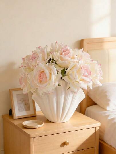 White Scallop Shell Vase With Artificial Tulips – Luxury Home Decoration For Wedding, Anniversary & Housewarming | Decorative Floral Holder For Tabletop & Shelf Display | Elegant Flower Vase For Modern Home Styling Minimalist, Modern, Elegant, Contemporary