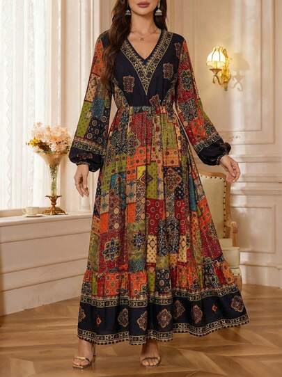 Solessence 波西米亚风拼接印花灯笼袖连衣裙，大码女士茶会连衣裙