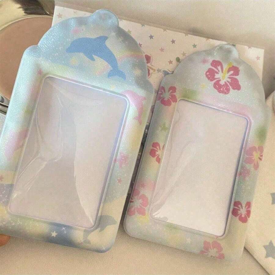 Aesthetic Summer Rainbow Dolphin Hibiscus Frosted Glitter 3-Inch Photo Card Holder Kpop - Color - View 1