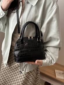Minimalist Crocodile Embossed Women's Handbag, Shell Shaped Tote Bag, Fashion Shoulder Bag For Commuting & Versatile Wear - Black - View 3