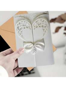 1/5/10pcs Elegant Shiny Powder Invitation Cards, Heart-Shaped Bow Hollow-Out European Style Gilded Personalized Shiny Powder Greeting Cards, Suitable For Wedding Anniversary, Bridal Shower, Engagement Party And Anniversary Dinner Invitations - Multicolor - View 1