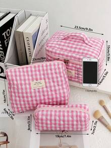 3PCS/1set Quilted Makeup Bag Set, Cosmetic Bag, Stylish Travel Toiletry Bag, Cute Small Pouch, Kawaii Aesthetic Makeup Bag, Travel Plaid Makeup Organizer Bag With Zipper Pocket, Chere Checkered Makeup Bag, Travel Makeup Bag, Large Capacity Pencil Case, Makeup Brush Holder Bag, Holiday Travel Toiletry Bag, Bathroom Accessories, Wedding Gift, Bridesmaid Gift, Birthday Gift, Friend Gift, Valentine's Day Gift, Holiday Gift, Bathroom Supplies, Back To School,Makeup Bag,Travel Essential - Multicolor - View 2