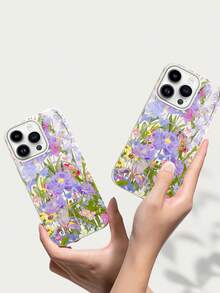 Matte Magnetic Phone Case For IPhone 16 Pro Max, 15 Pro Max, 11, 12, 13, 14 Pro Max, 14 Plus, 16 Plus, Solid Color, Shockproof Back With Purple Floral Oil Painting Style - Gold - View 8