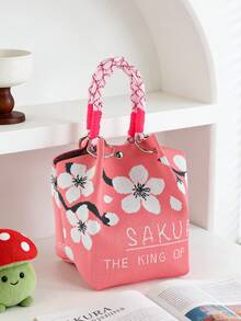 1个可爱粉色和黑色花卉图案打结大容量水桶包，优雅手提包，多功能旅行包 - 彩色 - 查看 13